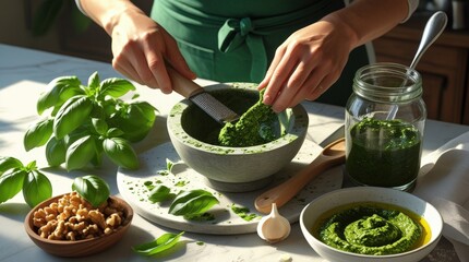 The Art of Homemade Basil Pesto – A Photorealistic Journey from Fresh Ingredients to Vibrant Sauce