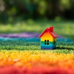 Rainbow house standing on grass representing lgbtq family