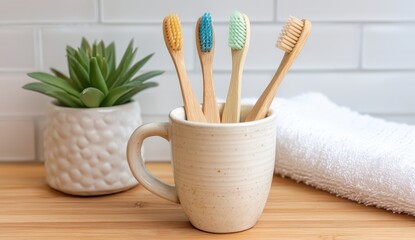 Bamboo toothbrushes in a ceramic mug with succulent and towel.