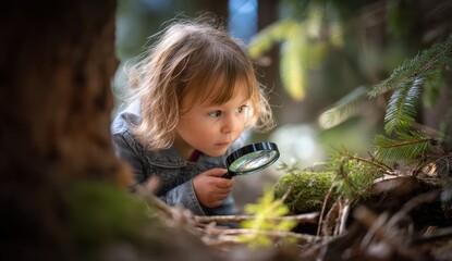 Curious child exploring nature with magnifying glass.