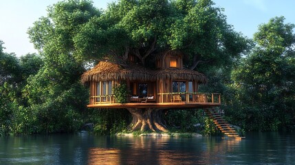 Fototapeta premium Luxurious Treehouse Retreat In Lush Jungle Overlooking Still Waters High Resolution Photo