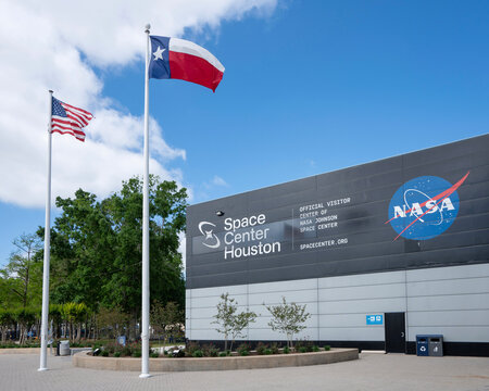 Houston, TX, USA - Apr 14, 2025: Exterior view of Space Center Houston, the official visitor center of NASA Johnson Space Center in Houston, Texas.