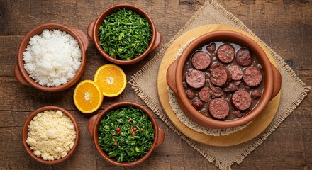 Overhead shot of feijoada with side dishes in clay bowls on a wooden table with orange slices