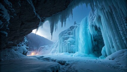 A massive frozen waterfall forming intricate ice formations, with a hidden ice cave glowing in soft blue light behind the icicles