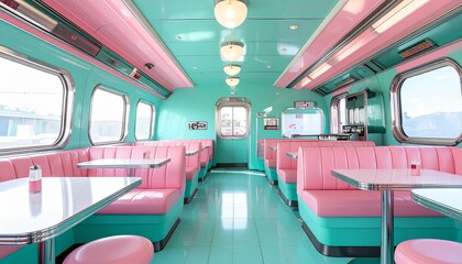 Fototapeta premium Vintage Space Diner Interior with Analog Tech and Retro Sci-Fi Uniforms