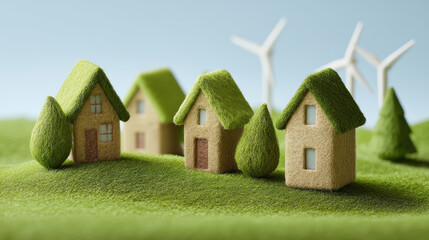 Miniature eco houses with green roofs and surrounding trees are displayed on a grassy hill beneath clear skies with windmills in the background, showcasing sustainability.