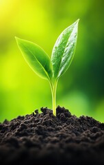 Fototapeta premium Young sprout emerging from dark soil symbolizing growth and new beginnings