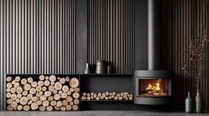 Modern burning stove next to a wood logs rack.