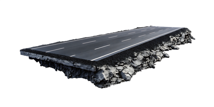 3d illustration with cut of the ground and the desert road floating in the air, isolated on white background