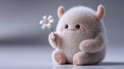 Adorable Furry Creature Holding a White Flower Cute Animal Illustration Soft and Fluffy Chara