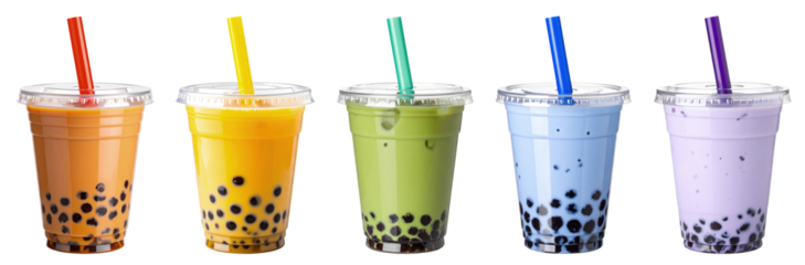 vibrant bubble tea drinks: Thai, mango, matcha, butterfly pea, taro, each with black tapioca pearls and colored straw in a plastic cup with a lid
