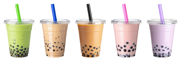 bubble tea drinks: matcha, classic milk tea, Thai, strawberry, taro, each with black tapioca pearls and colored straw in a plastic cup with a lid