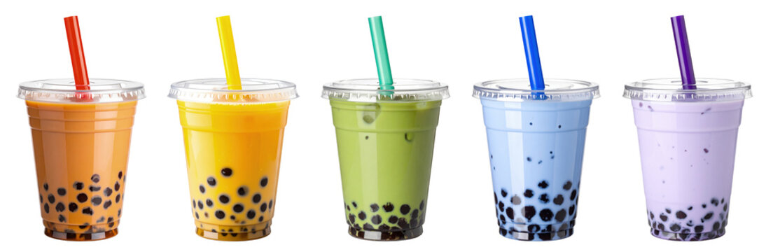 vibrant bubble tea drinks: Thai, mango, matcha, butterfly pea, taro, each with black tapioca pearls and colored straw in a plastic cup with a lid