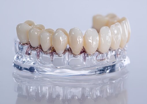 Dental prosthetics on transparent model base.