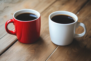 Obraz premium Two ceramic mugs, one red and one white, sit side by side on a wooden table, with a softly blurred background featuring brick walls and greenery.