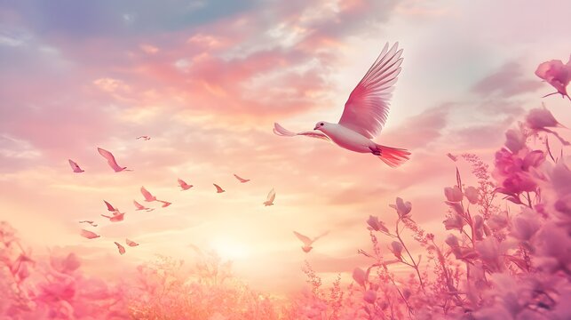 Digital illustration of a flock of white doves soaring against a radiant pink and orange sunset sky.