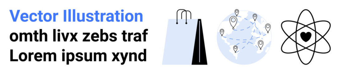 Shopping bag, global network of connected location pins, and atom structure with heart, representing commerce, connectivity, science, and passion. Ideal for technology, branding marketing