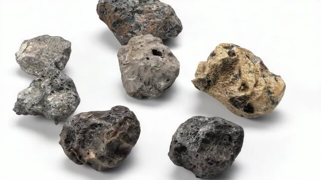 Collection of textured stones with porous surfaces on white backdrop, showcasing various sizes and colors of rough rock samples for geologic studies