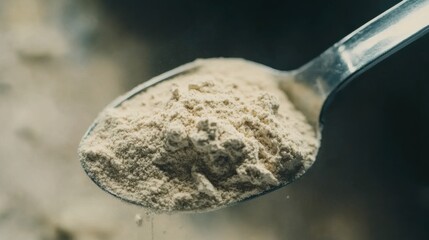 Close-up of Protein Powder Granules in Metal Spoon