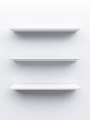 Three empty white shelves against a white wall