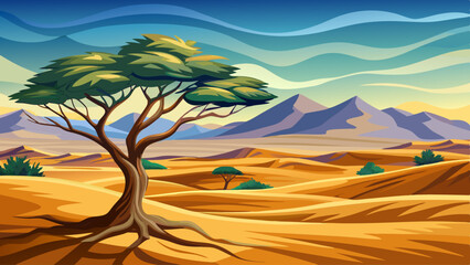 A solitary acacia tree stands defiant amid the dry, wavy dunes
