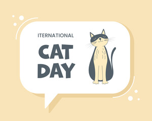 National Cat Day, horizontal banner template with cute cat, speech bubble and lettering on light cream background. Flat vector design about pets.