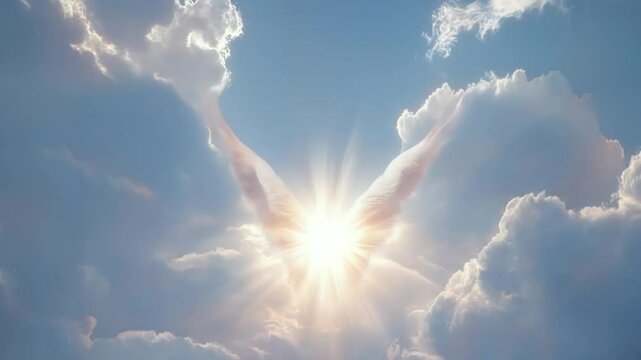 Angel wings spread out in the sky radiate divine light. The Holy Spirit. The concept of hope and salvation. A religious background related to heaven, the afterlife, and faith. A heavenly landscape.