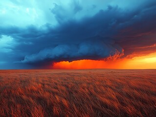 Dramatic sunset over vast field, ominous storm clouds