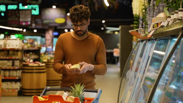 Arab man shopping for cheese in grocery store aisle