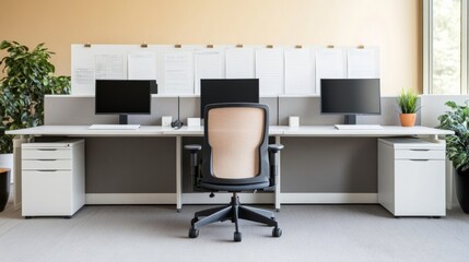 Fototapeta premium Minimalist Office Workspace with Ergonomic Chair and Desk Organizers, workplace, office design