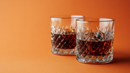 Two intricately designed whiskey glasses are the focal point of a striking photograph, set against a vibrant orange colored background