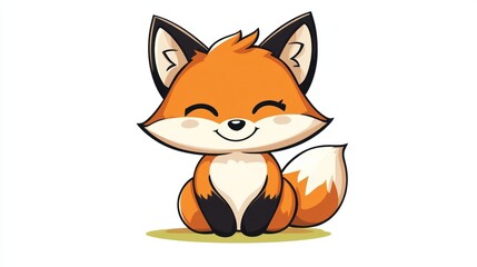 Obraz premium Cute cartoon fox sitting, smiling, with orange fur, black details. Happy expression, simple style