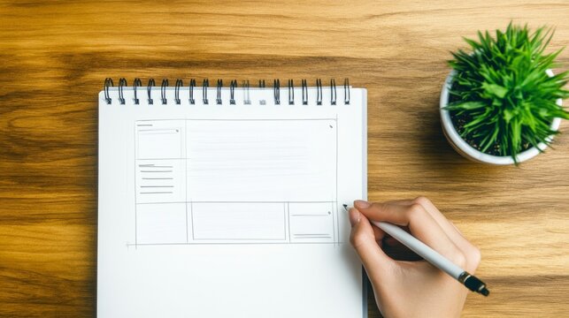Sketching Website Wireframe Hand with Pen on Notepad, Desk with Plant, Website, Mockup