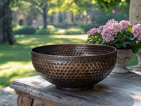 Ornate hammered metal bowl outdoors