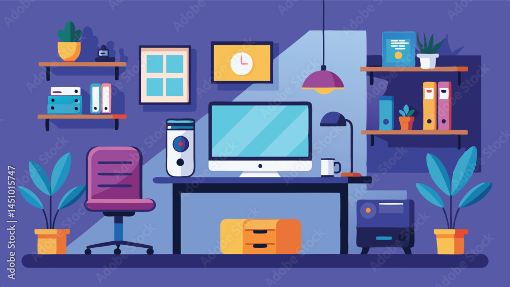 Poster modern workspace vector illustration showcasing a cozy office design with large windows and city vie