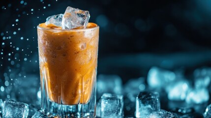 Protein Shake in Tall Glass with Ice Cubes