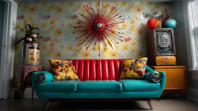 Eclectic vintage interior with a vibrant turquoise couch, red wall decor, and floral patterned wallpaper backdrop creating a retro atmosphere