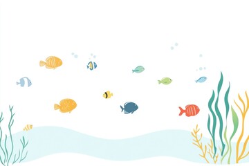 Obraz premium Colorful fish swim amongst seaweed in an underwater scene. A gentle, serene, and vibrant underwater world depicted with various colorful fish species and aquatic plants