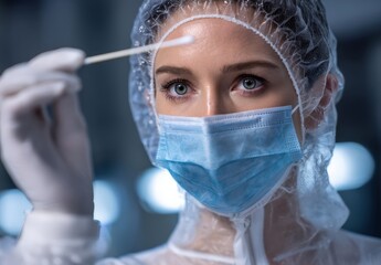Female scientist in protective gear conducting a lab test.