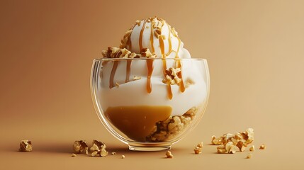 Decadent dessert in a glass with layers of vanilla, caramel, and nuts. A delightful treat for dessert lovers.  Enjoy the sweet indulgence!