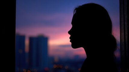 Silhouette of woman against purple sunset skyline.