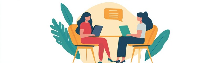 Two Women Discussing Work on Laptops Illustration, collaboration , teamwork
