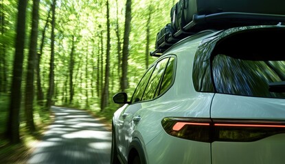 Off-road vehicle navigates lush forest road with cargo on top rack Adventure awaits
