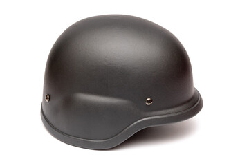 Obraz premium Modern army helmet on white background. Tactical combat helmet in black colour isolated on white, used in military and police operations.