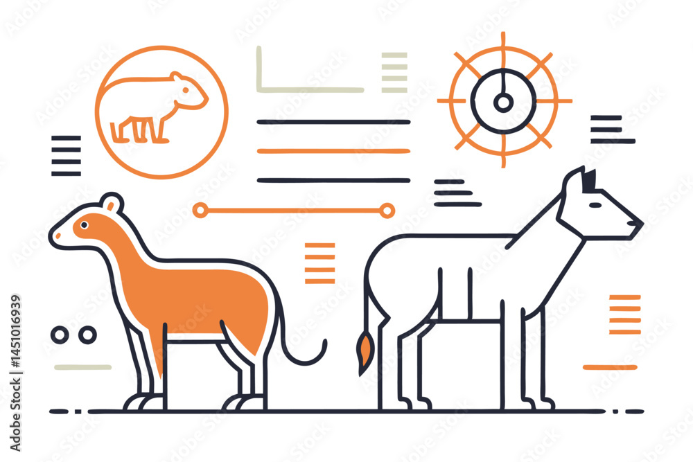 Fototapete Vector illustration of various animals with graphs and statistics in a minimalist style showcasing data visualization