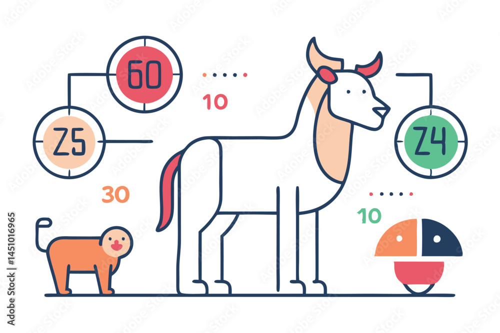 Fototapete Vector illustration of various animals with graphs and statistics in a minimalist style showcasing data visualization
