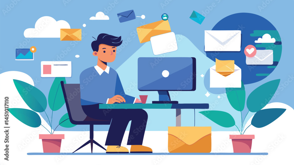 Poster vector illustration of a person engaged in email management at a desk surrounded by digital communic