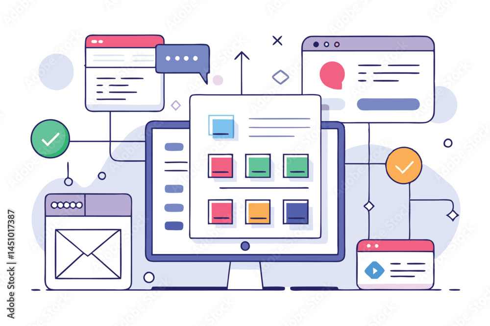 Aufkleber Vector illustration showcasing a modern computer interface featuring app icons, chat bubbles, and various digital notifications in a clean layout