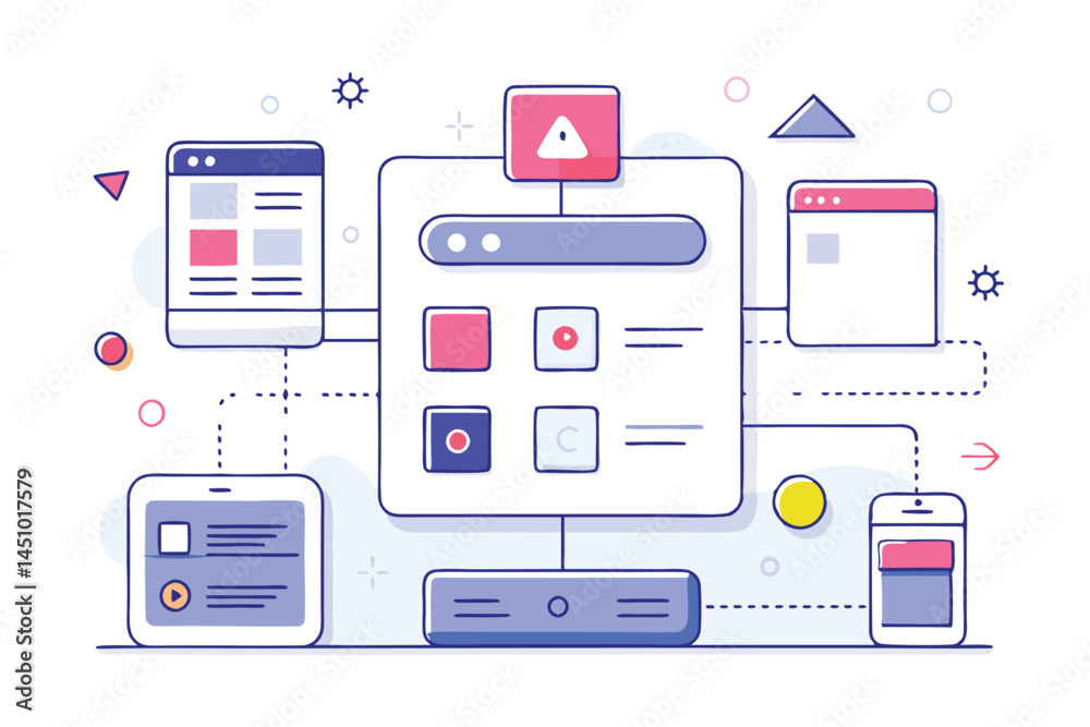 Aufkleber vector illustration showcasing a modern computer interface featuring app icons, chat bubbles, and va