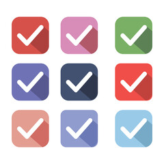 Colorful Check Mark Icons Set with Long Shadow for UI and Web Design

